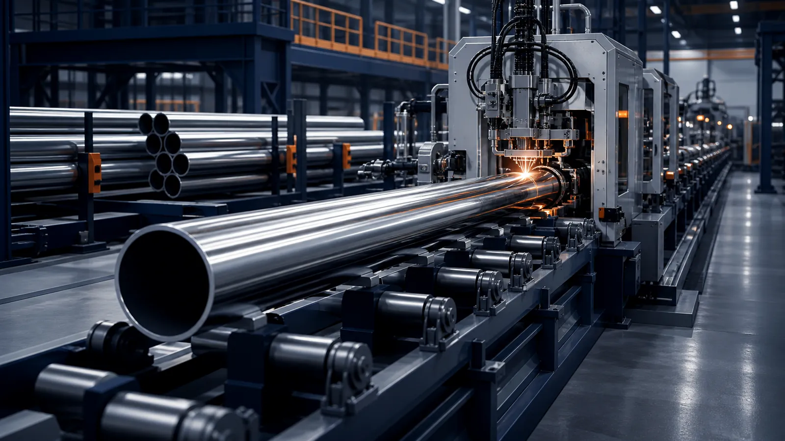 AI-generated conceptual visualization of controlled stainless steel pipe production