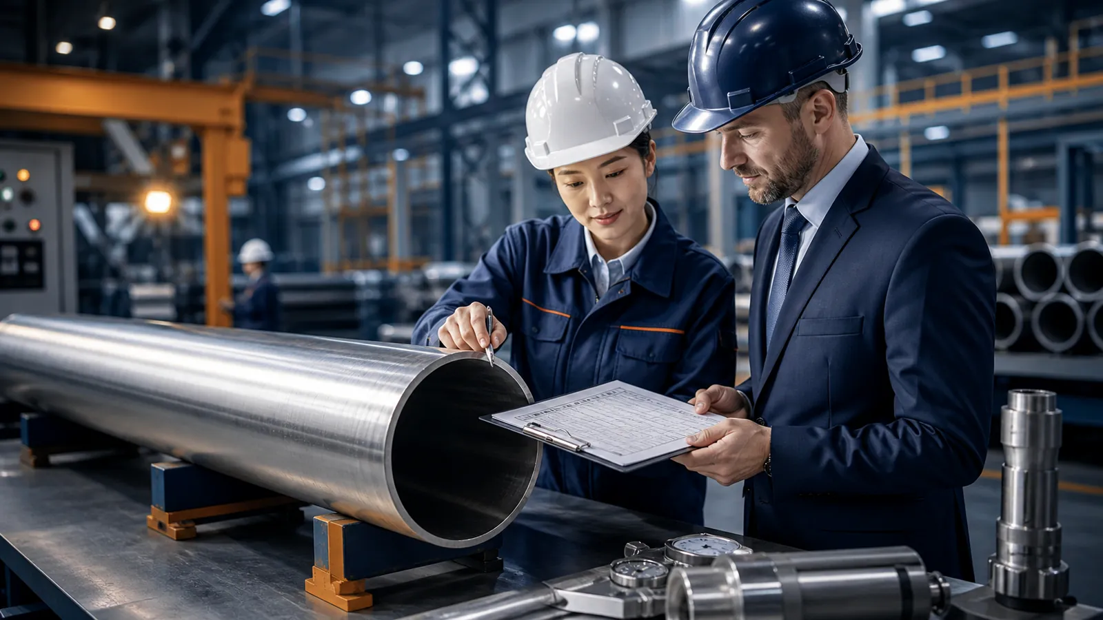 AI-generated illustration of a buyer and engineer reviewing a stainless steel pipe