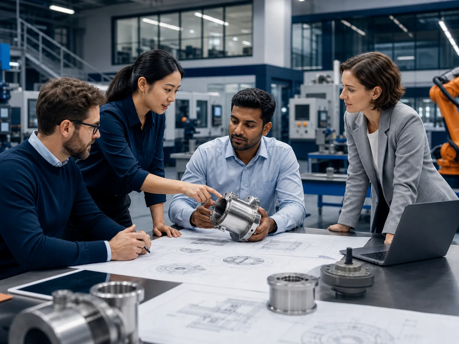 AI-generated illustration of an industrial project team reviewing drawings and a machined component