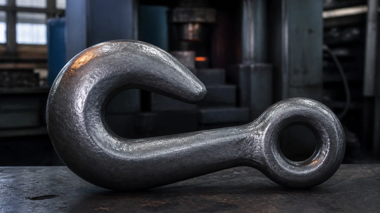 Hot-die forged lifting hook in an industrial manufacturing setting