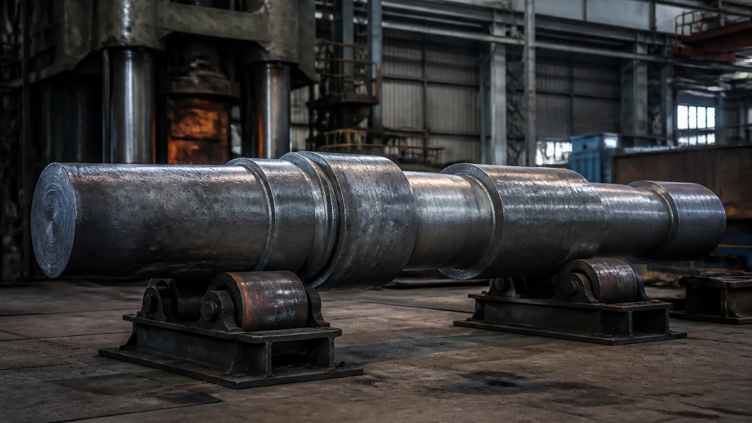 Open-die forged shaft blank in an industrial workshop