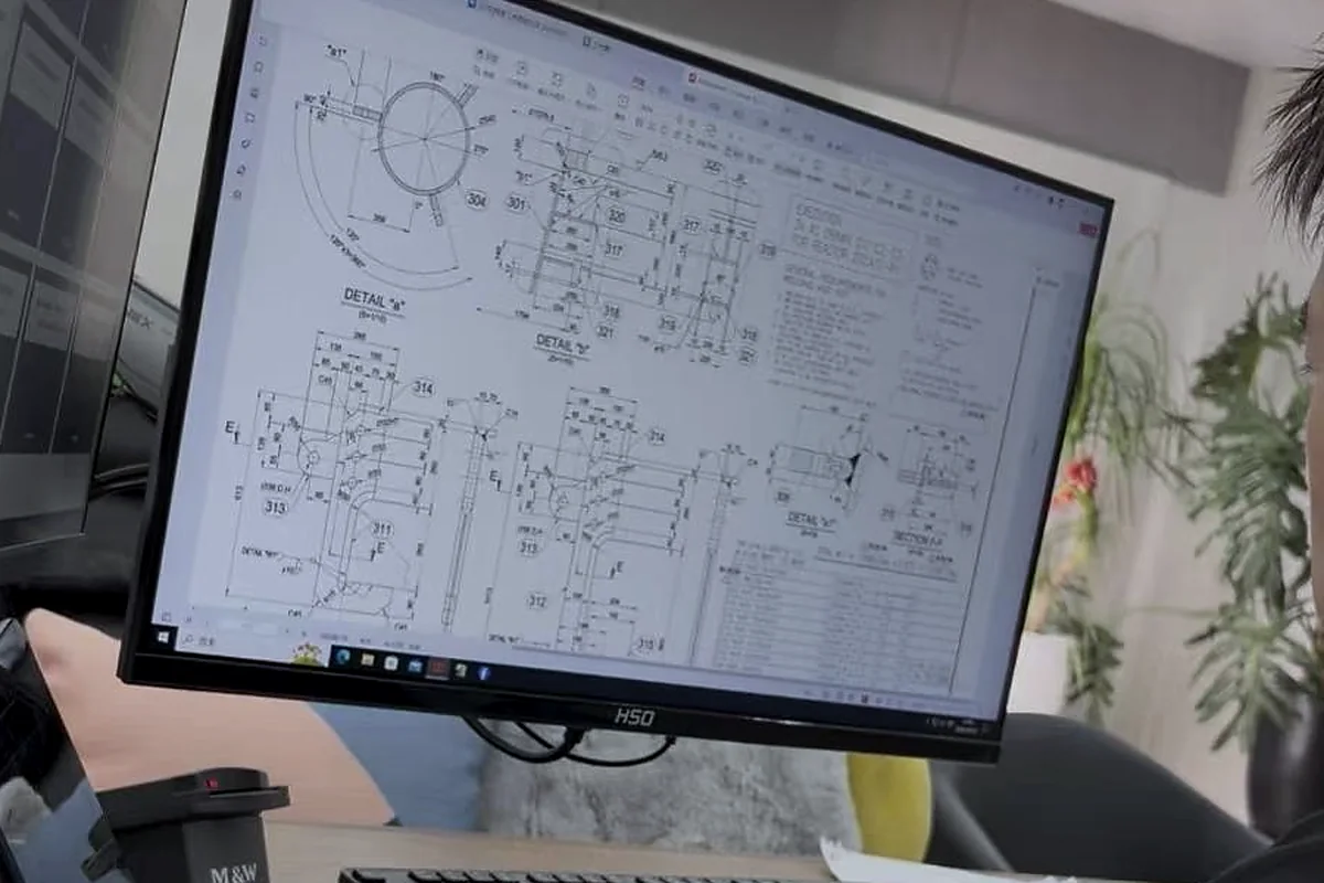 Illustration of industrial design review and technical drawings